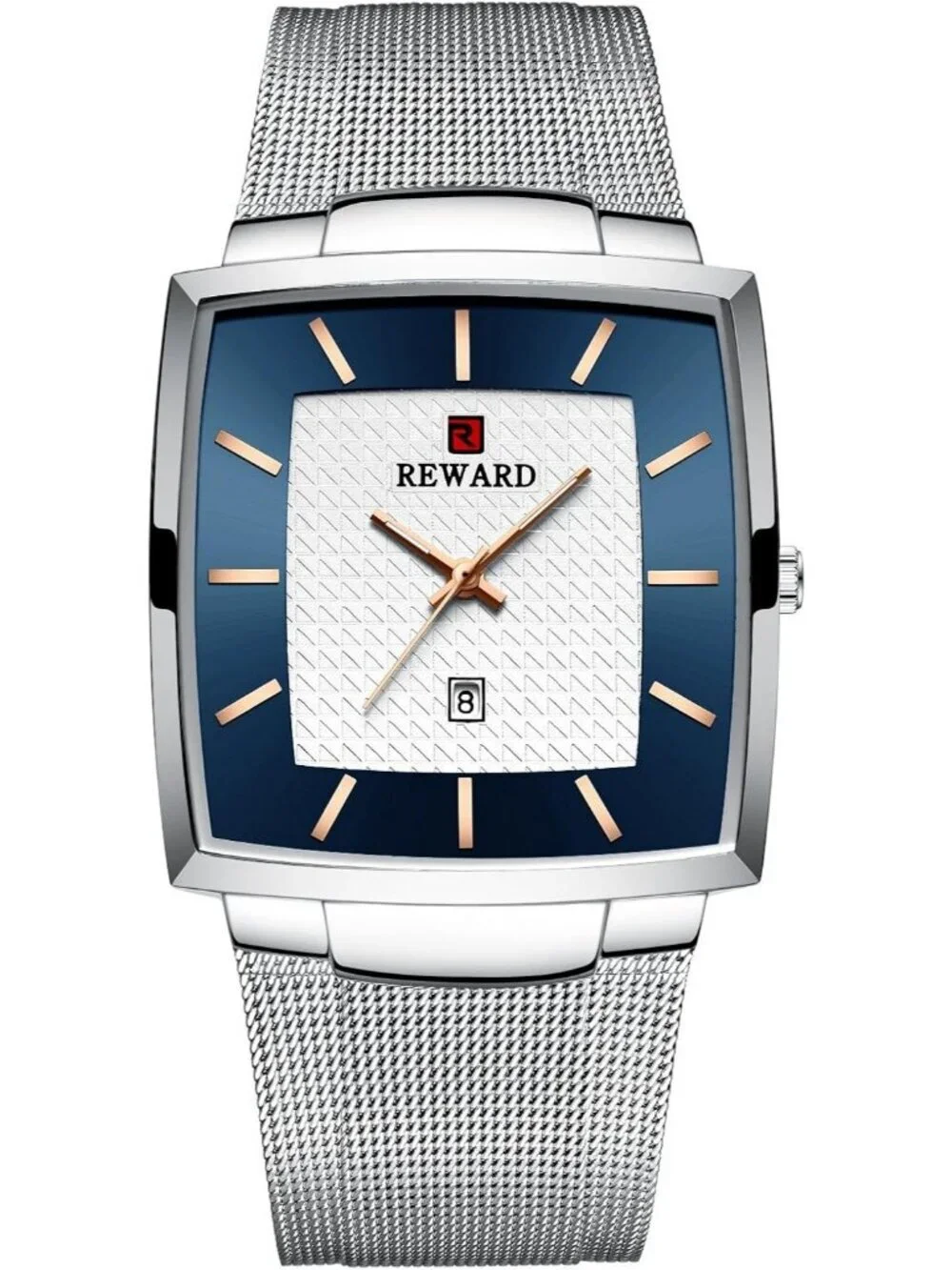Men's Silver Gold Square Analog Quartz Stainless Steel Mesh Strap Wrist Watch